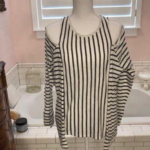 BCBG Navy and White cut out shoulder long sleeve, long TShirt size M